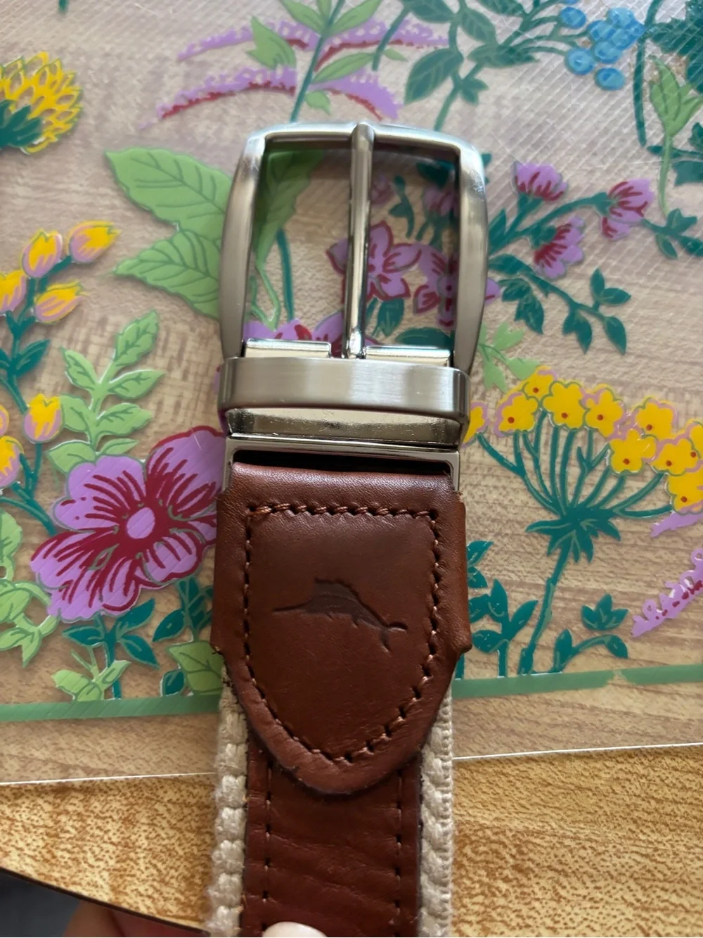 Tommy Bahama Brown Leather Belt with Cream Canvas Edge Reversible